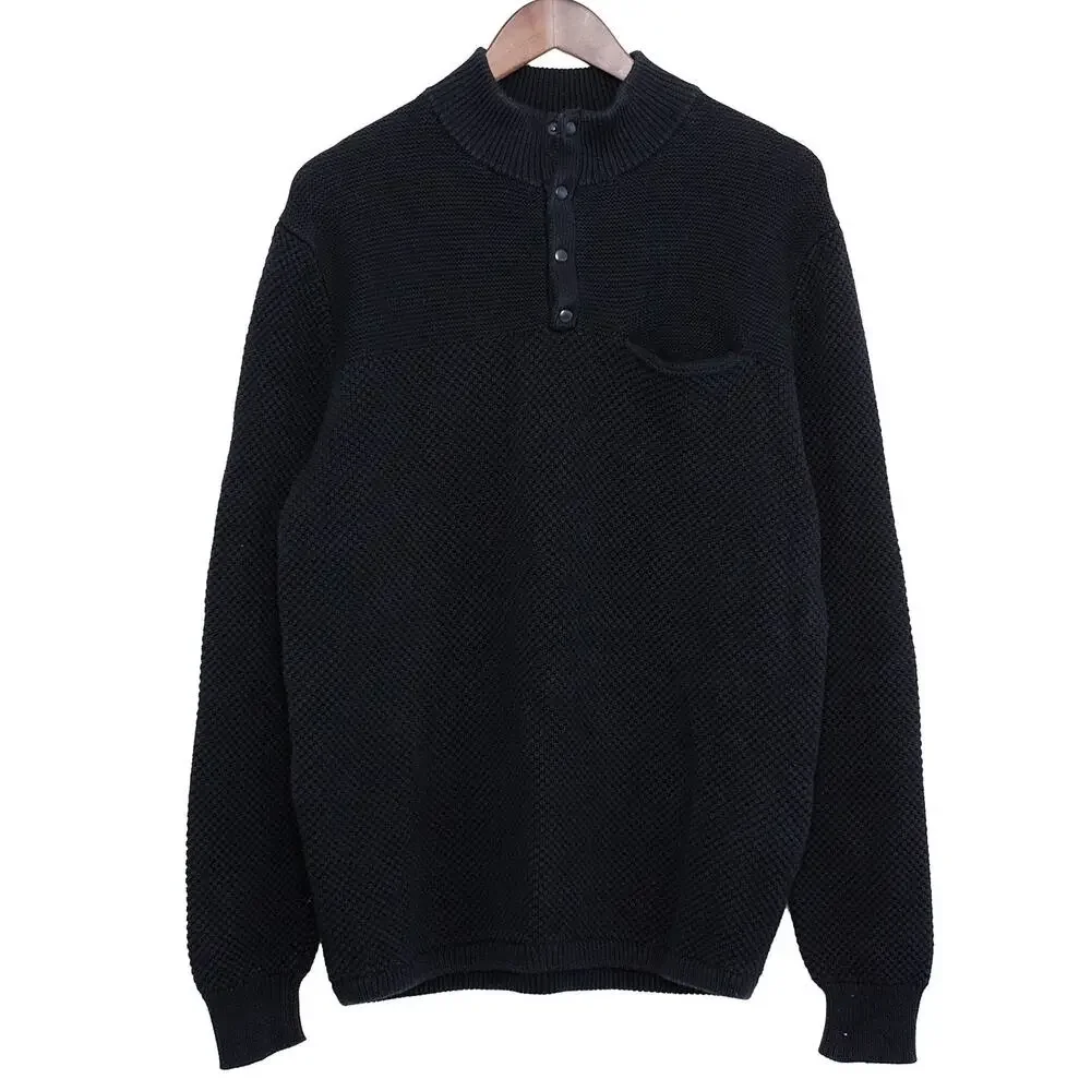J.Crew Seed Stitch Sweater Men L Black Cotton Snap Mock Neck Pullover Preppy